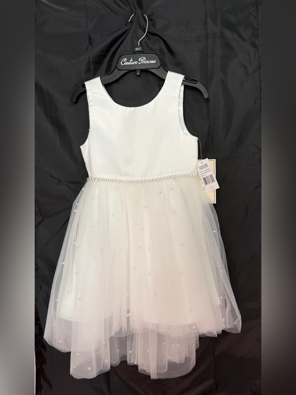 Girls’ Couture Princess White Pearl Trim Tulle Dress